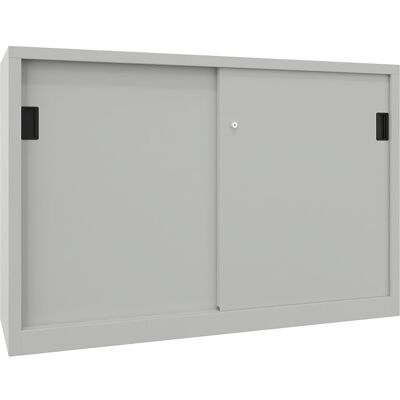 Schiebetürenschrank, Höhe 1000 mm, Vollblechtüren, BxT 1500 x 400 mm, mit Trennwand und 2 x 2 Fachböden, Tür lichtgrau Pavoy Schiebetürenschrank, Höhe 1000 mm, Vollblechtüren, BxT 1500 x 400 mm, mit Trennwand und 2 x 2 Fachböden, Tür lichtgrau Pavoy