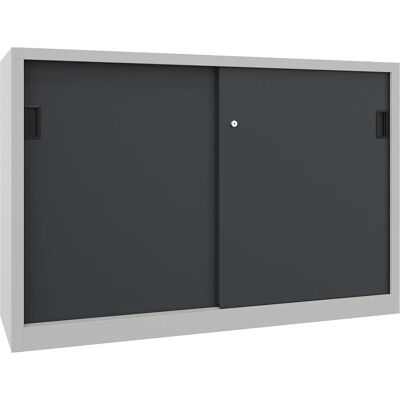 Schiebetürenschrank, Höhe 1000 mm, Vollblechtüren, BxT 1500 x 400 mm, mit Trennwand und 2 x 2 Fachböden, Tür anthrazit Pavoy Schiebetürenschrank, Höhe 1000 mm, Vollblechtüren, BxT 1500 x 400 mm, mit Trennwand und 2 x 2 Fachböden, Tür anthrazit Pavoy