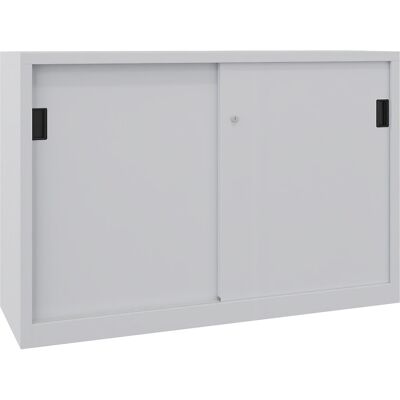 Schiebetürenschrank, Höhe 1000 mm, Vollblechtüren, BxT 1500 x 500 mm, mit Trennwand und 2 x 2 Fachböden, Tür lichtgrau Pavoy Schiebetürenschrank, Höhe 1000 mm, Vollblechtüren, BxT 1500 x 500 mm, mit Trennwand und 2 x 2 Fachböden, Tür lichtgrau Pavoy