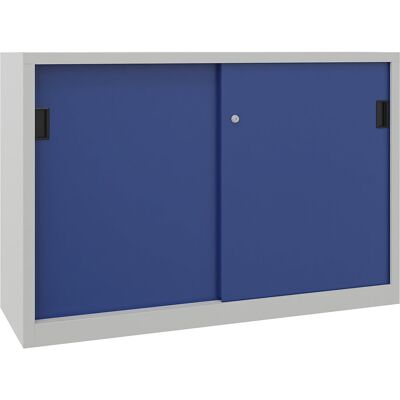 Schiebetürenschrank, Höhe 1000 mm, Vollblechtüren, BxT 1500 x 500 mm, mit Trennwand und 2 x 2 Fachböden, Tür enzianblau Pavoy Schiebetürenschrank, Höhe 1000 mm, Vollblechtüren, BxT 1500 x 500 mm, mit Trennwand und 2 x 2 Fachböden, Tür enzianblau Pavoy