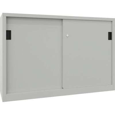 Schiebetürenschrank, Höhe 1000 mm, Vollblechtüren, BxT 1500 x 600 mm, mit Trennwand und 2 x 2 Fachböden, Tür lichtgrau Pavoy Schiebetürenschrank, Höhe 1000 mm, Vollblechtüren, BxT 1500 x 600 mm, mit Trennwand und 2 x 2 Fachböden, Tür lichtgrau Pavoy