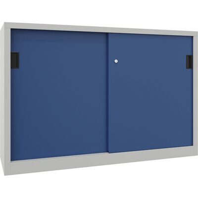 Schiebetürenschrank, Höhe 1000 mm, Vollblechtüren, BxT 1500 x 600 mm, mit Trennwand und 2 x 2 Fachböden, Tür enzianblau Pavoy Schiebetürenschrank, Höhe 1000 mm, Vollblechtüren, BxT 1500 x 600 mm, mit Trennwand und 2 x 2 Fachböden, Tür enzianblau Pavoy