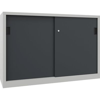 Schiebetürenschrank, Höhe 1000 mm, Vollblechtüren, BxT 1500 x 600 mm, mit Trennwand und 2 x 2 Fachböden, Tür anthrazit Pavoy Schiebetürenschrank, Höhe 1000 mm, Vollblechtüren, BxT 1500 x 600 mm, mit Trennwand und 2 x 2 Fachböden, Tür anthrazit Pavoy