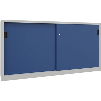 Schiebetürenschrank, Höhe 1000 mm, Vollblechtüren, BxT 2000 x 400 mm, mit Trennwand und 2 x 2 Fachböden, Tür enzianblau Pavoy Schiebetürenschrank, Höhe 1000 mm, Vollblechtüren, BxT 2000 x 400 mm, mit Trennwand und 2 x 2 Fachböden, Tür enzianblau Pavoy