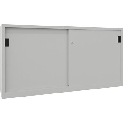 Schiebetürenschrank, Höhe 1000 mm, Vollblechtüren, BxT 2000 x 600 mm, mit Trennwand und 2 x 2 Fachböden, Tür lichtgrau Pavoy Schiebetürenschrank, Höhe 1000 mm, Vollblechtüren, BxT 2000 x 600 mm, mit Trennwand und 2 x 2 Fachböden, Tür lichtgrau Pavoy