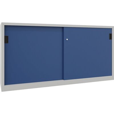 Schiebetürenschrank, Höhe 1000 mm, Vollblechtüren, BxT 2000 x 600 mm, mit Trennwand und 2 x 2 Fachböden, Tür enzianblau Pavoy Schiebetürenschrank, Höhe 1000 mm, Vollblechtüren, BxT 2000 x 600 mm, mit Trennwand und 2 x 2 Fachböden, Tür enzianblau Pavoy