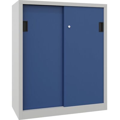 Schiebetürenschrank, Höhe 1200 mm, Vollblechtüren, BxT 1000 x 500 mm, mit 2 Fachböden, Tür enzianblau Pavoy Schiebetürenschrank, Höhe 1200 mm, Vollblechtüren, BxT 1000 x 500 mm, mit 2 Fachböden, Tür enzianblau Pavoy