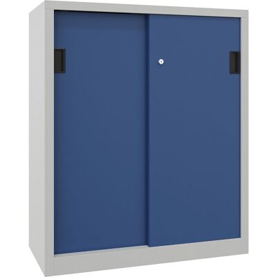 Schiebetürenschrank, Höhe 1200 mm, Vollblechtüren, BxT 1000 x 600 mm, mit 2 Fachböden, Tür enzianblau Pavoy Schiebetürenschrank, Höhe 1200 mm, Vollblechtüren, BxT 1000 x 600 mm, mit 2 Fachböden, Tür enzianblau Pavoy