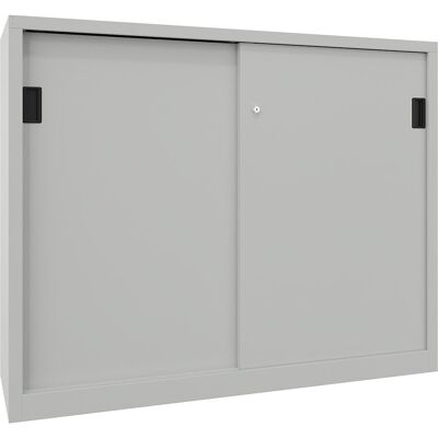 Schiebetürenschrank, Höhe 1200 mm, Vollblechtüren, BxT 1500 x 400 mm, mit Trennwand und 2 x 2 Fachböden, Tür lichtgrau Pavoy Schiebetürenschrank, Höhe 1200 mm, Vollblechtüren, BxT 1500 x 400 mm, mit Trennwand und 2 x 2 Fachböden, Tür lichtgrau Pavoy