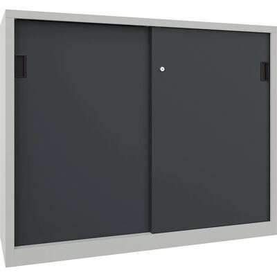Schiebetürenschrank, Höhe 1200 mm, Vollblechtüren, BxT 1500 x 400 mm, mit Trennwand und 2 x 2 Fachböden, Tür anthrazit Pavoy Schiebetürenschrank, Höhe 1200 mm, Vollblechtüren, BxT 1500 x 400 mm, mit Trennwand und 2 x 2 Fachböden, Tür anthrazit Pavoy