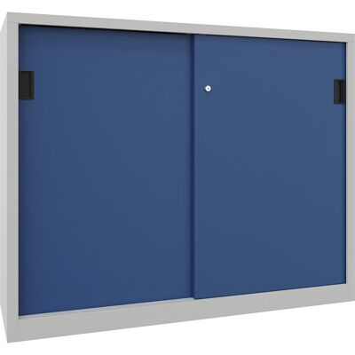 Schiebetürenschrank, Höhe 1200 mm, Vollblechtüren, BxT 1500 x 500 mm, mit Trennwand und 2 x 2 Fachböden, Tür enzianblau Pavoy Schiebetürenschrank, Höhe 1200 mm, Vollblechtüren, BxT 1500 x 500 mm, mit Trennwand und 2 x 2 Fachböden, Tür enzianblau Pavoy