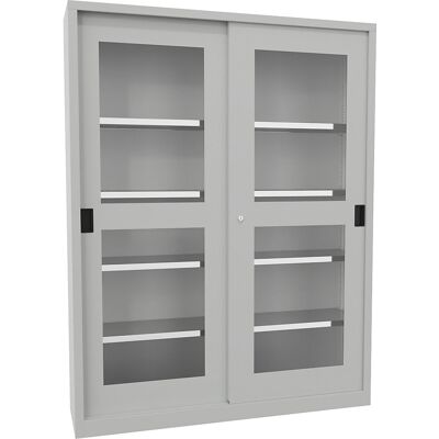 Schiebetürenschrank, Höhe 1950 mm, Sichtfenstertüren, BxT 1500 x 400 mm, mit Trennwand und 2 x 4 Fachböden, Tür lichtgrau Pavoy Schiebetürenschrank, Höhe 1950 mm, Sichtfenstertüren, BxT 1500 x 400 mm, mit Trennwand und 2 x 4 Fachböden, Tür lichtgrau Pavoy