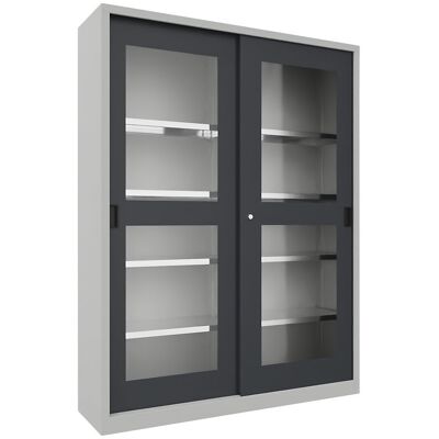 Schiebetürenschrank, Höhe 1950 mm, Sichtfenstertüren, BxT 1500 x 400 mm, mit Trennwand und 2 x 4 Fachböden, Tür anthrazit Pavoy Schiebetürenschrank, Höhe 1950 mm, Sichtfenstertüren, BxT 1500 x 400 mm, mit Trennwand und 2 x 4 Fachböden, Tür anthrazit Pavoy