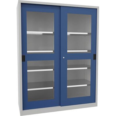 Schiebetürenschrank, Höhe 1950 mm, Sichtfenstertüren, BxT 1500 x 600 mm, mit Trennwand und 2 x 4 Fachböden, Tür enzianblau Pavoy Schiebetürenschrank, Höhe 1950 mm, Sichtfenstertüren, BxT 1500 x 600 mm, mit Trennwand und 2 x 4 Fachböden, Tür enzianblau Pavoy