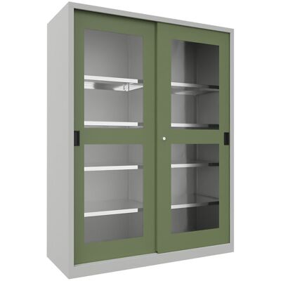 Schiebetürenschrank, Höhe 1950 mm, Sichtfenstertüren, BxT 1500 x 600 mm, mit Trennwand und 2 x 4 Fachböden, Tür resedagrün Pavoy Schiebetürenschrank, Höhe 1950 mm, Sichtfenstertüren, BxT 1500 x 600 mm, mit Trennwand und 2 x 4 Fachböden, Tür resedagrün Pavoy