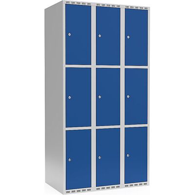 kaiserkraft 3er-Schließfachschrank Fydor, 3 Abteile, lichtgrau / enzianblau, B 900 mm, flache Dachform, Zylinderschloss kaiserkraft 3er-Schließfachschrank Fydor, 3 Abteile, lichtgrau / enzianblau, B 900 mm, flache Dachform, Zylinderschloss