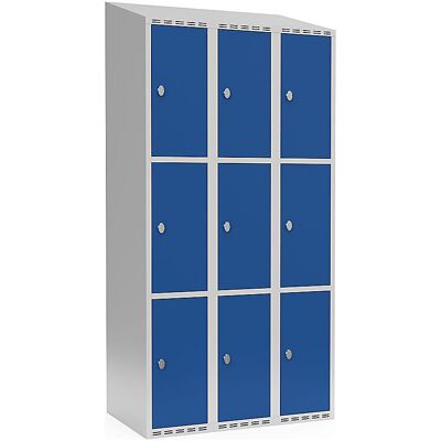kaiserkraft 3er-Schließfachschrank Fydor, 3 Abteile, lichtgrau / enzianblau, B 900 mm, schräge Dachform, Vorhängeschloss kaiserkraft 3er-Schließfachschrank Fydor, 3 Abteile, lichtgrau / enzianblau, B 900 mm, schräge Dachform, Vorhängeschloss