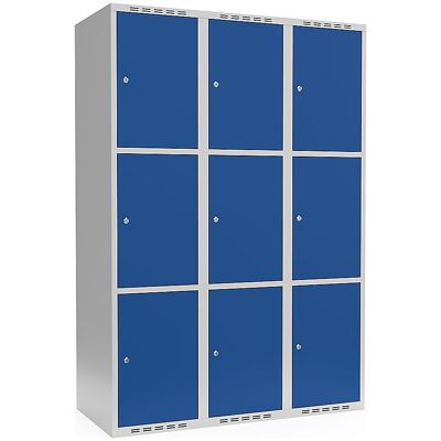 kaiserkraft 3er-Schließfachschrank Fydor, 3 Abteile, lichtgrau / enzianblau, B 1200 mm, flache Dachform, Zylinderschloss kaiserkraft 3er-Schließfachschrank Fydor, 3 Abteile, lichtgrau / enzianblau, B 1200 mm, flache Dachform, Zylinderschloss