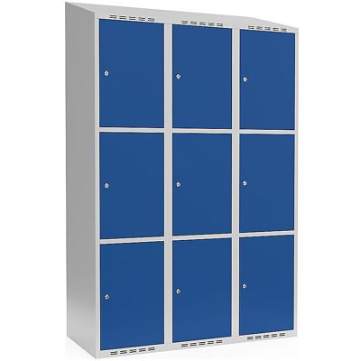kaiserkraft 3er-Schließfachschrank Fydor, 3 Abteile, lichtgrau / enzianblau, B 1200 mm, schräge Dachform, Zylinderschloss kaiserkraft 3er-Schließfachschrank Fydor, 3 Abteile, lichtgrau / enzianblau, B 1200 mm, schräge Dachform, Zylinderschloss