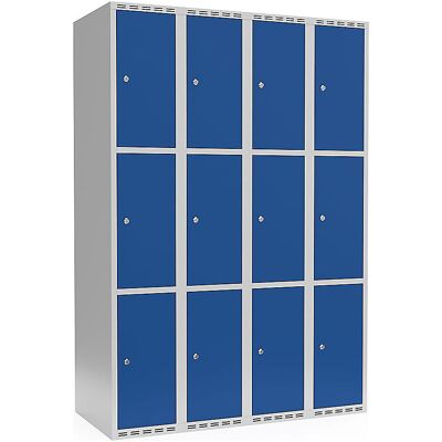 kaiserkraft 3er-Schließfachschrank Fydor, 4 Abteile, lichtgrau / enzianblau, B 1200 mm, flache Dachform, Zylinderschloss kaiserkraft 3er-Schließfachschrank Fydor, 4 Abteile, lichtgrau / enzianblau, B 1200 mm, flache Dachform, Zylinderschloss