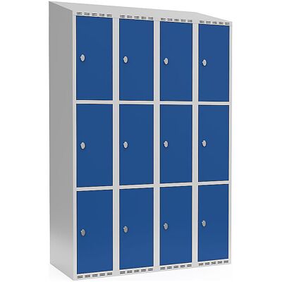 kaiserkraft 3er-Schließfachschrank Fydor, 4 Abteile, lichtgrau / enzianblau, B 1200 mm, schräge Dachform, Vorhängeschloss kaiserkraft 3er-Schließfachschrank Fydor, 4 Abteile, lichtgrau / enzianblau, B 1200 mm, schräge Dachform, Vorhängeschloss