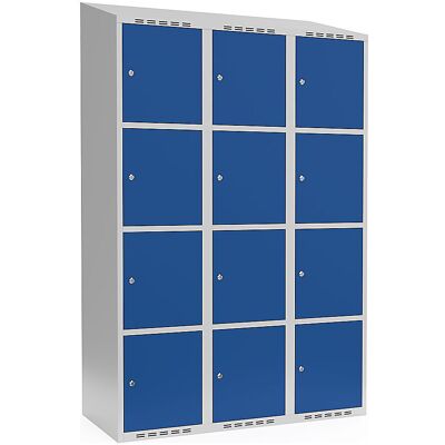 kaiserkraft 4er-Schließfachschrank Fydor, 3 Abteile, lichtgrau / enzianblau, B 1200 mm, schräge Dachform, Zylinderschloss kaiserkraft 4er-Schließfachschrank Fydor, 3 Abteile, lichtgrau / enzianblau, B 1200 mm, schräge Dachform, Zylinderschloss