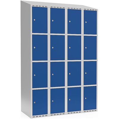 kaiserkraft 4er-Schließfachschrank Fydor, 4 Abteile, lichtgrau / enzianblau, B 1200 mm, schräge Dachform, Zylinderschloss kaiserkraft 4er-Schließfachschrank Fydor, 4 Abteile, lichtgrau / enzianblau, B 1200 mm, schräge Dachform, Zylinderschloss
