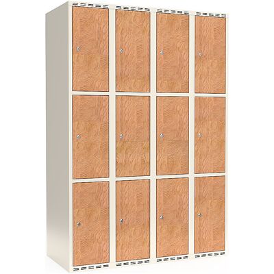 kaiserkraft 3er-Schließfachschrank Fydor, HPL, 4 Abteile, weiß/Eiche, B 1200 mm, flache Dachform, Zylinderschloss kaiserkraft 3er-Schließfachschrank Fydor, HPL, 4 Abteile, weiß/Eiche, B 1200 mm, flache Dachform, Zylinderschloss