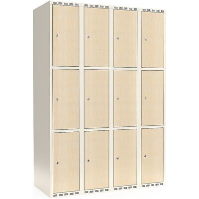 kaiserkraft 3er-Schließfachschrank Fydor, HPL, 4 Abteile, weiß/Birke, B 1200 mm, flache Dachform, Zylinderschloss kaiserkraft 3er-Schließfachschrank Fydor, HPL, 4 Abteile, weiß/Birke, B 1200 mm, flache Dachform, Zylinderschloss