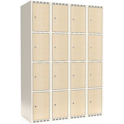kaiserkraft 4er-Schließfachschrank Fydor, HPL, 4 Abteile, weiß/Birke, B 1200 mm, flache Dachform, Zylinderschloss kaiserkraft 4er-Schließfachschrank Fydor, HPL, 4 Abteile, weiß/Birke, B 1200 mm, flache Dachform, Zylinderschloss
