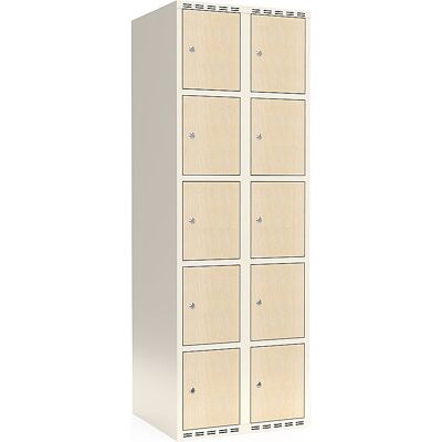 kaiserkraft 5er-Schließfachschrank Fydor, HPL, 2 Abteile, weiß/Birke, B 600 mm, flache Dachform, Zylinderschloss kaiserkraft 5er-Schließfachschrank Fydor, HPL, 2 Abteile, weiß/Birke, B 600 mm, flache Dachform, Zylinderschloss