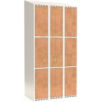 kaiserkraft 3er-Schließfachschrank Fydor, HPL, 3 Abteile, weiß/Eiche, B 900 mm, schräge Dachform, Zylinderschloss kaiserkraft 3er-Schließfachschrank Fydor, HPL, 3 Abteile, weiß/Eiche, B 900 mm, schräge Dachform, Zylinderschloss