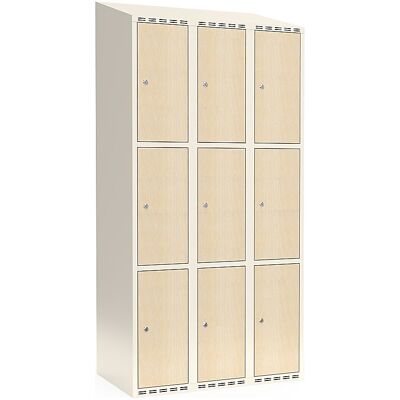 kaiserkraft 3er-Schließfachschrank Fydor, HPL, 3 Abteile, weiß/Birke, B 900 mm, schräge Dachform, Zylinderschloss kaiserkraft 3er-Schließfachschrank Fydor, HPL, 3 Abteile, weiß/Birke, B 900 mm, schräge Dachform, Zylinderschloss
