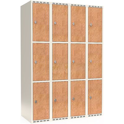 kaiserkraft 3er-Schließfachschrank Fydor, HPL, 4 Abteile, weiß/Eiche, B 1200 mm, flache Dachform, Vorhängeschloss kaiserkraft 3er-Schließfachschrank Fydor, HPL, 4 Abteile, weiß/Eiche, B 1200 mm, flache Dachform, Vorhängeschloss
