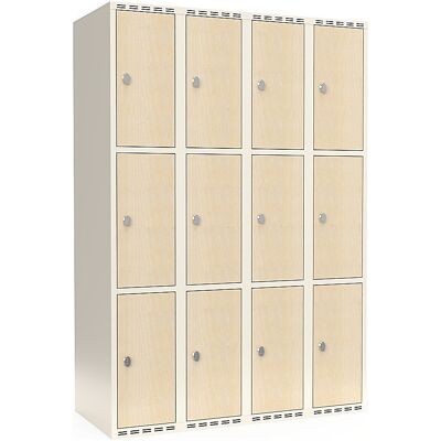 kaiserkraft 3er-Schließfachschrank Fydor, HPL, 4 Abteile, weiß/Birke, B 1200 mm, flache Dachform, Vorhängeschloss kaiserkraft 3er-Schließfachschrank Fydor, HPL, 4 Abteile, weiß/Birke, B 1200 mm, flache Dachform, Vorhängeschloss