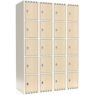 kaiserkraft 5er-Schließfachschrank Fydor, HPL, 4 Abteile, weiß/Birke, B 1200 mm, flache Dachform, Vorhängeschloss kaiserkraft 5er-Schließfachschrank Fydor, HPL, 4 Abteile, weiß/Birke, B 1200 mm, flache Dachform, Vorhängeschloss