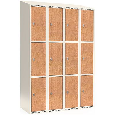 kaiserkraft 3er-Schließfachschrank Fydor, HPL, 4 Abteile, weiß/Eiche, B 1200 mm, schräge Dachform, Vorhängeschloss kaiserkraft 3er-Schließfachschrank Fydor, HPL, 4 Abteile, weiß/Eiche, B 1200 mm, schräge Dachform, Vorhängeschloss