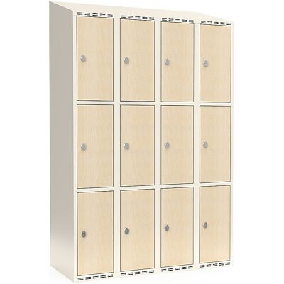 kaiserkraft 3er-Schließfachschrank Fydor, HPL, 4 Abteile, weiß/Birke, B 1200 mm, schräge Dachform, Vorhängeschloss kaiserkraft 3er-Schließfachschrank Fydor, HPL, 4 Abteile, weiß/Birke, B 1200 mm, schräge Dachform, Vorhängeschloss
