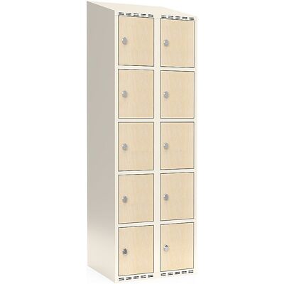 kaiserkraft 5er-Schließfachschrank Fydor, HPL, 2 Abteile, weiß/Birke, B 600 mm, schräge Dachform, Vorhängeschloss kaiserkraft 5er-Schließfachschrank Fydor, HPL, 2 Abteile, weiß/Birke, B 600 mm, schräge Dachform, Vorhängeschloss
