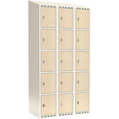 kaiserkraft 5er-Schließfachschrank Fydor, HPL, 3 Abteile, weiß/Birke, B 900 mm, schräge Dachform, Vorhängeschloss kaiserkraft 5er-Schließfachschrank Fydor, HPL, 3 Abteile, weiß/Birke, B 900 mm, schräge Dachform, Vorhängeschloss