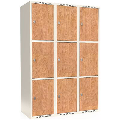kaiserkraft 3er-Schließfachschrank Fydor, HPL, 3 Abteile, weiß/Eiche, B 1200 mm, flache Dachform, Vorhängeschloss kaiserkraft 3er-Schließfachschrank Fydor, HPL, 3 Abteile, weiß/Eiche, B 1200 mm, flache Dachform, Vorhängeschloss