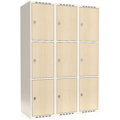 kaiserkraft 3er-Schließfachschrank Fydor, HPL, 3 Abteile, weiß/Birke, B 1200 mm, flache Dachform, Vorhängeschloss kaiserkraft 3er-Schließfachschrank Fydor, HPL, 3 Abteile, weiß/Birke, B 1200 mm, flache Dachform, Vorhängeschloss