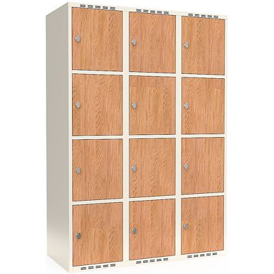 kaiserkraft 4er-Schließfachschrank Fydor, HPL, 3 Abteile, weiß/Eiche, B 1200 mm, flache Dachform, Vorhängeschloss kaiserkraft 4er-Schließfachschrank Fydor, HPL, 3 Abteile, weiß/Eiche, B 1200 mm, flache Dachform, Vorhängeschloss