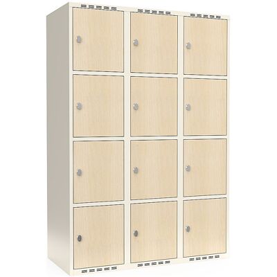 kaiserkraft 4er-Schließfachschrank Fydor, HPL, 3 Abteile, weiß/Birke, B 1200 mm, flache Dachform, Vorhängeschloss kaiserkraft 4er-Schließfachschrank Fydor, HPL, 3 Abteile, weiß/Birke, B 1200 mm, flache Dachform, Vorhängeschloss