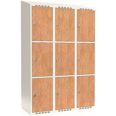 kaiserkraft 3er-Schließfachschrank Fydor, HPL, 3 Abteile, weiß/Eiche, B 1200 mm, schräge Dachform, Vorhängeschloss kaiserkraft 3er-Schließfachschrank Fydor, HPL, 3 Abteile, weiß/Eiche, B 1200 mm, schräge Dachform, Vorhängeschloss