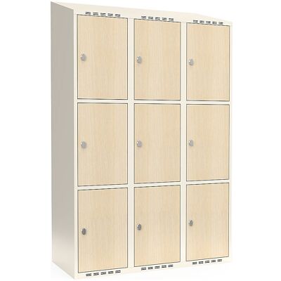 kaiserkraft 3er-Schließfachschrank Fydor, HPL, 3 Abteile, weiß/Birke, B 1200 mm, schräge Dachform, Vorhängeschloss kaiserkraft 3er-Schließfachschrank Fydor, HPL, 3 Abteile, weiß/Birke, B 1200 mm, schräge Dachform, Vorhängeschloss
