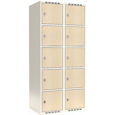 kaiserkraft 5er-Schließfachschrank Fydor, HPL, 2 Abteile, weiß/Birke, B 800 mm, flache Dachform, Vorhängeschloss kaiserkraft 5er-Schließfachschrank Fydor, HPL, 2 Abteile, weiß/Birke, B 800 mm, flache Dachform, Vorhängeschloss