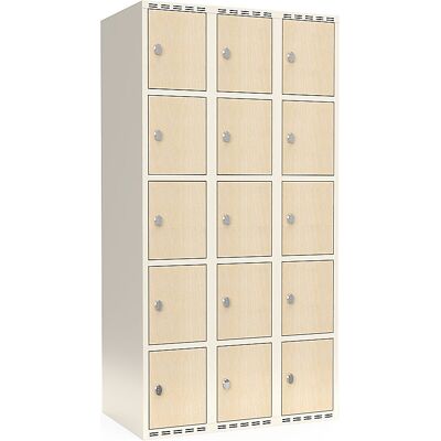 kaiserkraft 5er-Schließfachschrank Fydor, HPL, 3 Abteile, weiß/Birke, B 900 mm, flache Dachform, Vorhängeschloss kaiserkraft 5er-Schließfachschrank Fydor, HPL, 3 Abteile, weiß/Birke, B 900 mm, flache Dachform, Vorhängeschloss