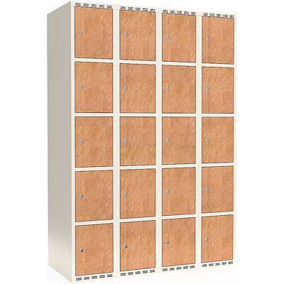 kaiserkraft 5er-Schließfachschrank Fydor, HPL, 4 Abteile, weiß/Eiche, B 1200 mm, flache Dachform, Zylinderschloss kaiserkraft 5er-Schließfachschrank Fydor, HPL, 4 Abteile, weiß/Eiche, B 1200 mm, flache Dachform, Zylinderschloss