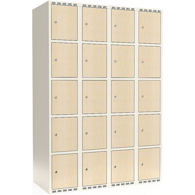 kaiserkraft 5er-Schließfachschrank Fydor, HPL, 4 Abteile, weiß/Birke, B 1200 mm, flache Dachform, Zylinderschloss kaiserkraft 5er-Schließfachschrank Fydor, HPL, 4 Abteile, weiß/Birke, B 1200 mm, flache Dachform, Zylinderschloss